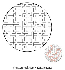 Difficult round labyrinth. Game for kids. Puzzle for children. One entrance, one exit. Labyrinth conundrum. Flat vector illustration isolated on white background. With answer