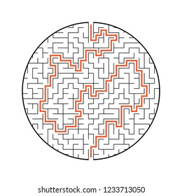 Difficult round labyrinth. Game for kids. Puzzle for children. One entrance, one exit. Labyrinth conundrum. Flat vector illustration isolated on white background. With answer