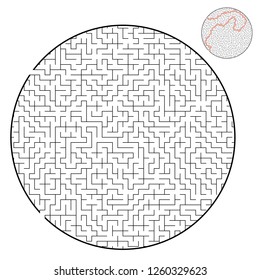 Difficult round labyrinth. Game for kids and adults. Puzzle for children. Labyrinth conundrum. Flat vector illustration isolated on white background. With answer