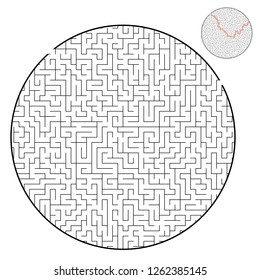 Difficult round labyrinth. Game for kids and adults. Puzzle for children. Labyrinth conundrum. Flat vector illustration isolated on white background. With answer