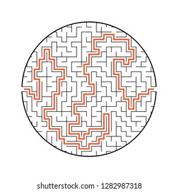 Difficult round labyrinth. Game for kids. Puzzle for children. One entrance, one exit. Labyrinth conundrum. Flat vector illustration isolated on white background. With answer