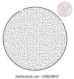 Difficult round labyrinth. Game for kids and adults. Puzzle for children. Labyrinth conundrum. Flat vector illustration isolated on white background. With answer