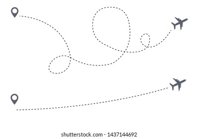 Difficult Route Versus Simple Air Route . Optimization Of Travel, Itinerary, Transportation Logistics, Destination Icon, Difficult, Winding Path, And Straight Route, Dashed Line Trace Airplane. Vector