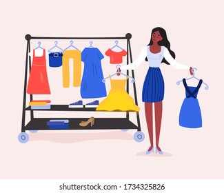 Difficult shopping decision. The young girl can’t decide what dress she should buy in the shop or what she should put on for the date. Pink background Vector cartoon colored flat illustration