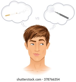 Difficult smoking device choice: traditional cigarette versus e-cigarette? Handsome brunette guy thinking. Vaping, e-cigarette, device,Vector illustration.