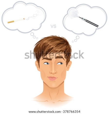 Difficult smoking device choice: traditional cigarette versus e-cigarette? Handsome brunette guy thinking. Vaping, e-cigarette, device,Vector illustration.
