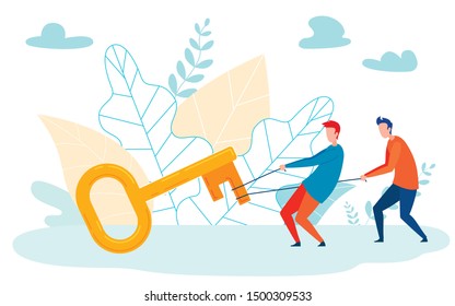 Difficult Solution Metaphor Vector Illustration. Men Pulling Huge Key with Ropes Cartoon Characters. Tiresome Work, Cooperation Concept. Overcoming Obstacles in Finding Answers to Complex Tasks