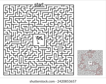 Difficult square  Maze with a central goal. Hard square vector labyrinth with solution. Education puzzle with search of solution. Medium difficulty brain teaser  for brain training.