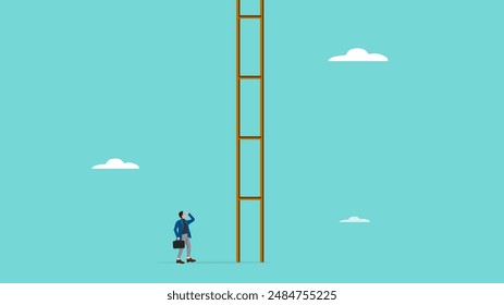 difficult step to take in business success with confused businessman thinking about climbing stairs with steps that are too far apart, taking too big a step concept illustration