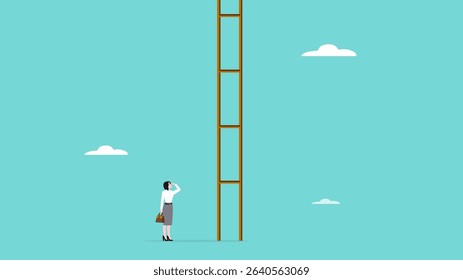 difficult step to take in business success with confused businesswoman thinking about climbing stairs with steps that are too far apart, taking too big a step concept illustration