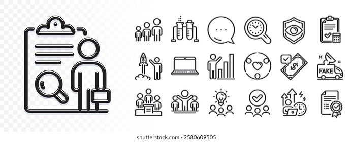 Difficult stress, Business idea and Approved group line icons for web app. Glare of light effect. Message icon. Pack of Fake news, Winner, Time management pictogram icons. Vector