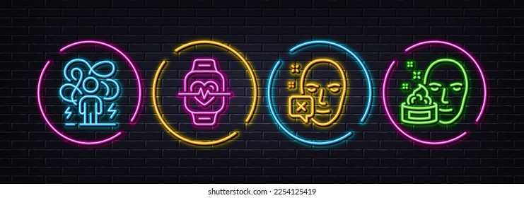 Difficult stress, Cardio training and Face declined minimal line icons. Neon laser 3d lights. Face cream icons. For web, application, printing. Vector