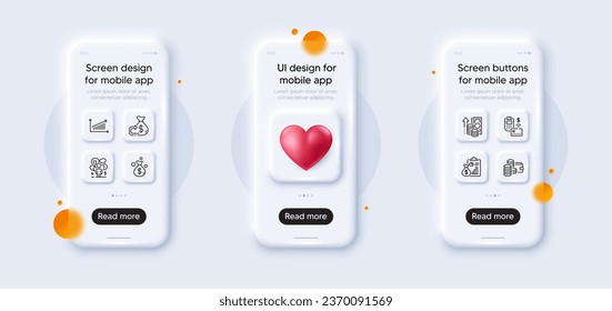 Difficult stress, Chart and Money bag line icons pack. 3d phone mockups with heart. Glass smartphone screen. Report, Wallet, Inflation web icon. Cashback, Pos terminal pictogram. Vector