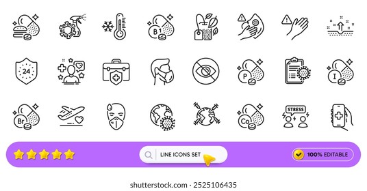 Schwieriger Stress, Schmutzige Maske und Clean Skin Line Icons für Web-App. Packung medizinischer Flug, niedriges Thermometer, Piktogramm-Symbole für die Weltimpfung. Gesundheits-App, nicht suchen, Krankenversicherungsschilder. Vektorgrafik