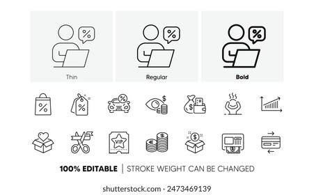 Difficult stress, Donation and Discount tags line icons. Pack of Business vision, Change money, Post package icon. Currency, Atm, Online discounts pictogram. Chart, Credit card, Vip ticket. Vector