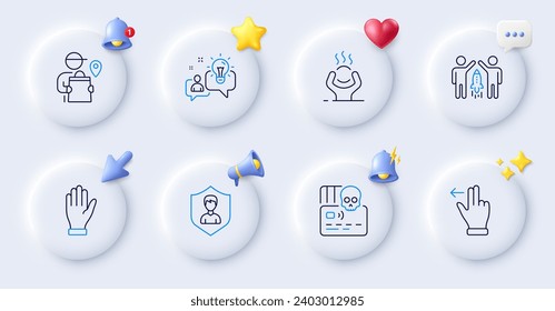 Difficult stress, Idea and Delivery man line icons. Buttons with 3d bell, chat speech, cursor. Pack of Touchscreen gesture, Cyber attack, Security agency icon. Partnership, Hand pictogram. Vector