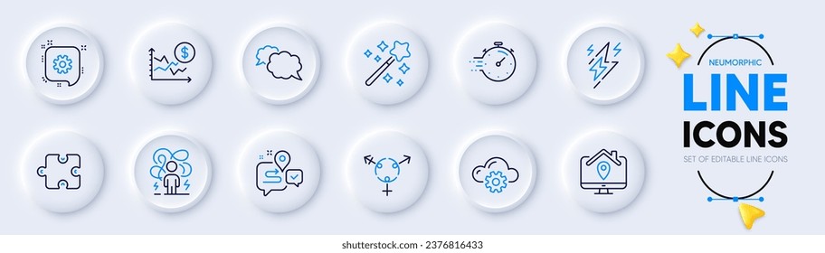 Difficult stress, Lightning bolt and Cloud computing line icons for web app. Pack of Journey, Messenger, Cogwheel pictogram icons. Genders, Timer, Puzzle signs. Dollar rate, Magic wand. Vector