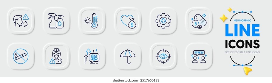 Difficult stress, No smoking and Umbrella line icons for web app. Pack of Weather thermometer, Cough, Nurse pictogram icons. Thiamine vitamin, Donation, Eye target signs. Stress grows. Vector