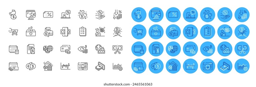 Difficult stress, Payment and Discount banner line icons pack. Launder money, Business vision, Online tax web icon. Deflation, Phishing, Account pictogram. Cash, Money calendar, Cut tax. Vector