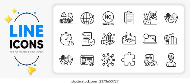 Difficult stress, Puzzle and 5g internet line icons set for app include Augmented reality, Analysis graph, No vaccine outline thin icon. Safe time, Power, Medical mask pictogram icon. Vector