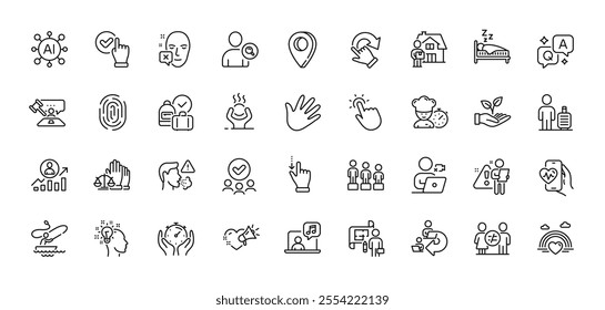 Difficult stress, Timer and Sleep line icons pack. AI, Question and Answer, Map pin icons. Love message, Video conference, Hand web icon. Touchpoint, Helping hand, Face declined pictogram. Vector