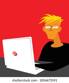 Difficult task. Perplexed freelancer at the computer. Vector image for illustrations.