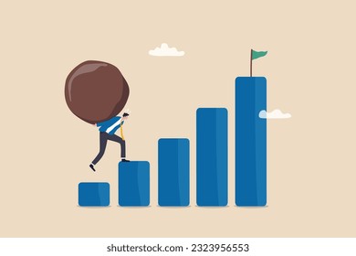 Difficult task, problem or difficulty to achieve success, overcome challenge, over burden or heavy boulder, effort to success concept, exhausted businessman carry heavy boulder step up to success.