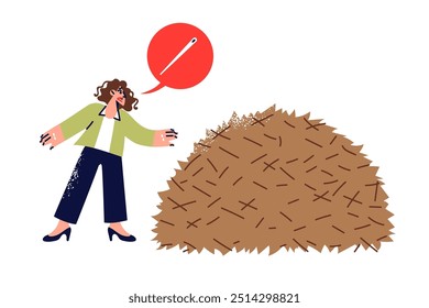 Difficult task for woman looking for needle in haystack, nervous because of fear of impossible mission. Difficult problem has arisen for confused business lady who needs help to achieve goal.