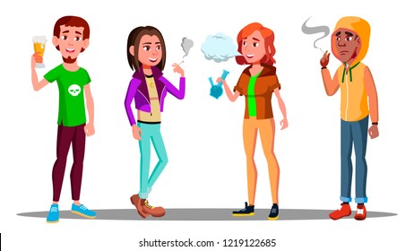 Difficult Teenagers - Alcohol, Cigarettes, Drugs Addiction Vector. Isolated Illustration