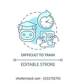 Difficult to train turquoise concept icon. Manual training. Machine learning drawback abstract idea thin line illustration. Isolated outline drawing. Editable stroke. Arial, Myriad Pro-Bold fonts used