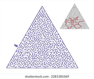 Difficult triangular maze. Hard triangular vector labyrinth.  Education puzzle with search of solution.  A game for logic find 