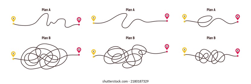 Difficult way, chaos path from point A to B. Complex chaos simplifying concept. Easy simple way. Vector illustration.