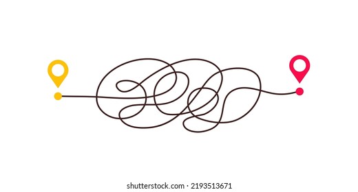 Difficult way, chaos path from point A to B. Complex chaos simplifying concept. Easy simple way. Vector illustration