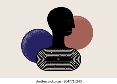 Difficult way to finding true love. Getting inside, getting closer to someone, feeling lonely. Abstract human head with maze and heart symbol. Vector illustration