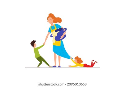 Difficultes Of Motherhood. Children Play With Mother. Person Very Tired. Owner Trying To Catch Everything. Woman Preparing Dinner And Watching Children, Routine. Cartoon Flat Vector Illustration