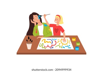 Difficultes of motherhood. Girl paints her tired mother. Children play with adults, burnout. Woman develops creativity of her daughter. Family painting, household. Cartoon flat vector illustration