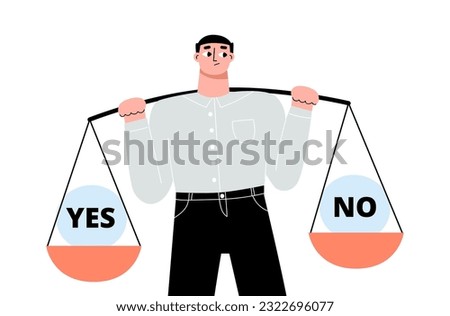 Difficulties of choice, yes or no concept. Man thinking, businessman or student. Choose right answer, balance and reflections, vector male character