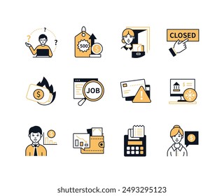 Difficulties with finances and work - line design style icons set with editable stroke. Rising prices, crisis, dismissal, bankruptcy, disappointing forecast and statistics, frozen bank account idea