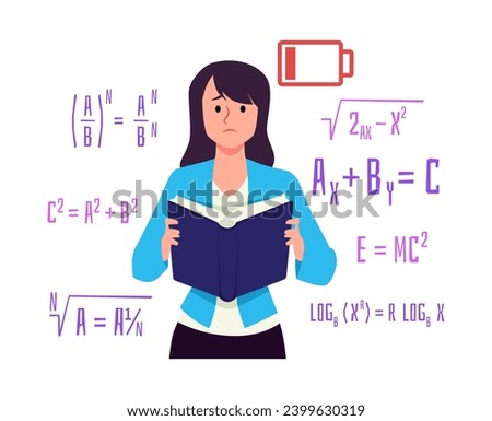 Difficulties learning, dyscalculia and dyslexia concept. Young woman difficulty in counting. Difficulty in making arithmetical calculations, as a result of brain disorder. Vector battery low sign