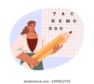 Difficulties learning, dyslexia and dysgraphia concept. Young woman difficulty in writing. Disappointed student with huge pencil and scattered letters on a sheet. Mental disorder trouble with writing