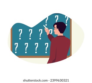 Difficulties learning, dyslexia and dysgraphia concept. Young man difficulty in writing on chalk board with question marks. Confused student with mental disorder trouble vector illustration