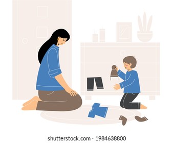 Difficulties of motherhood. Mom is tired of routine and babysitting. 
The child takes things out of the closet and throws them on the floor. Unhappy and depressed parent. Vector flat illustration.