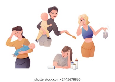Difficulties of motherhood and postpartum depression. Tired women mothers with babies in their arms. Doing household chores with newborns. Set of vector cartoon isolated illustrations.