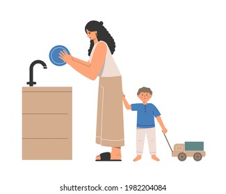 Dificultades de maternidad. La madre joven está cansada de la rutina y de la niñera. 
La madre lava los platos y el niño quiere jugar. Padres descontentos y deprimidos. Ilustración plana vectorial.