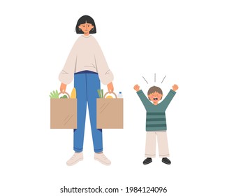 Difficulties Of Motherhood. Young Mom Is Tired Of Routine And Babysitting. 
The Child Has A Growth Spurt And Threw A Tantrum In The Store. Unhappy And Depressed Parent. Vector Flat Illustration.