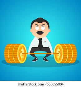 difficulties office character next to the barbell of coins (money). vector illustration