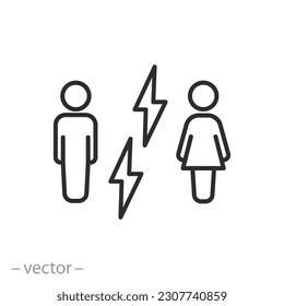 difficulties relationship woman with man, conflict icon, quarrel husband and wife, thin line symbol - editable stroke vector illustration