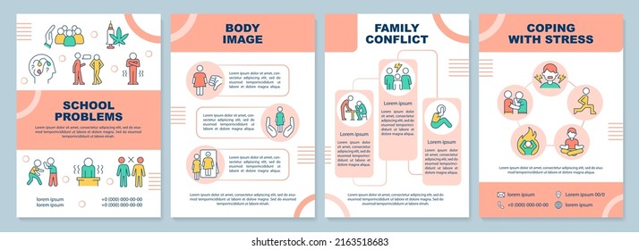 Difficulties of teenage life terracotta brochure template. Leaflet design with linear icons. Editable 4 vector layouts for presentation, annual reports. Arial-Black, Myriad Pro-Regular fonts used