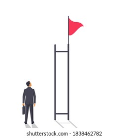 The difficulty of achieving. A businessman faces a difficult decision. A flag at the top of a broken staircase. Vector illustration flat design. Isolated on white background. Overcoming complexity.