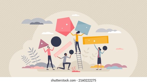 Difficulty analysis and problem situation solution tiny person concept. Find various business challenge solutions with different methods vector illustration. Solve complexity with employee teamwork.